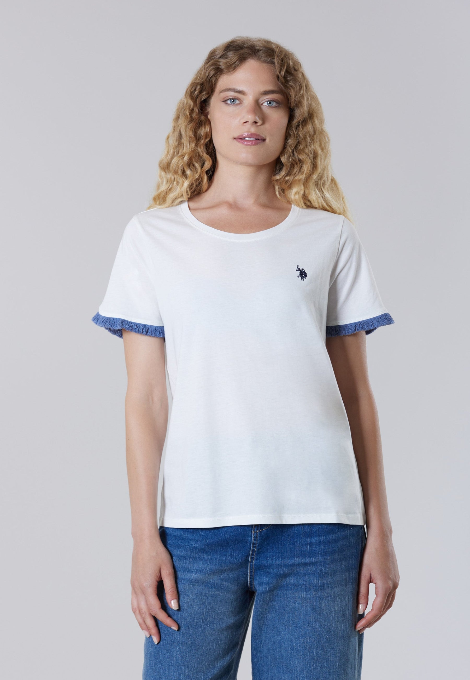 T-shirt a maniche corte in cotone light jersey con inserti a frangia