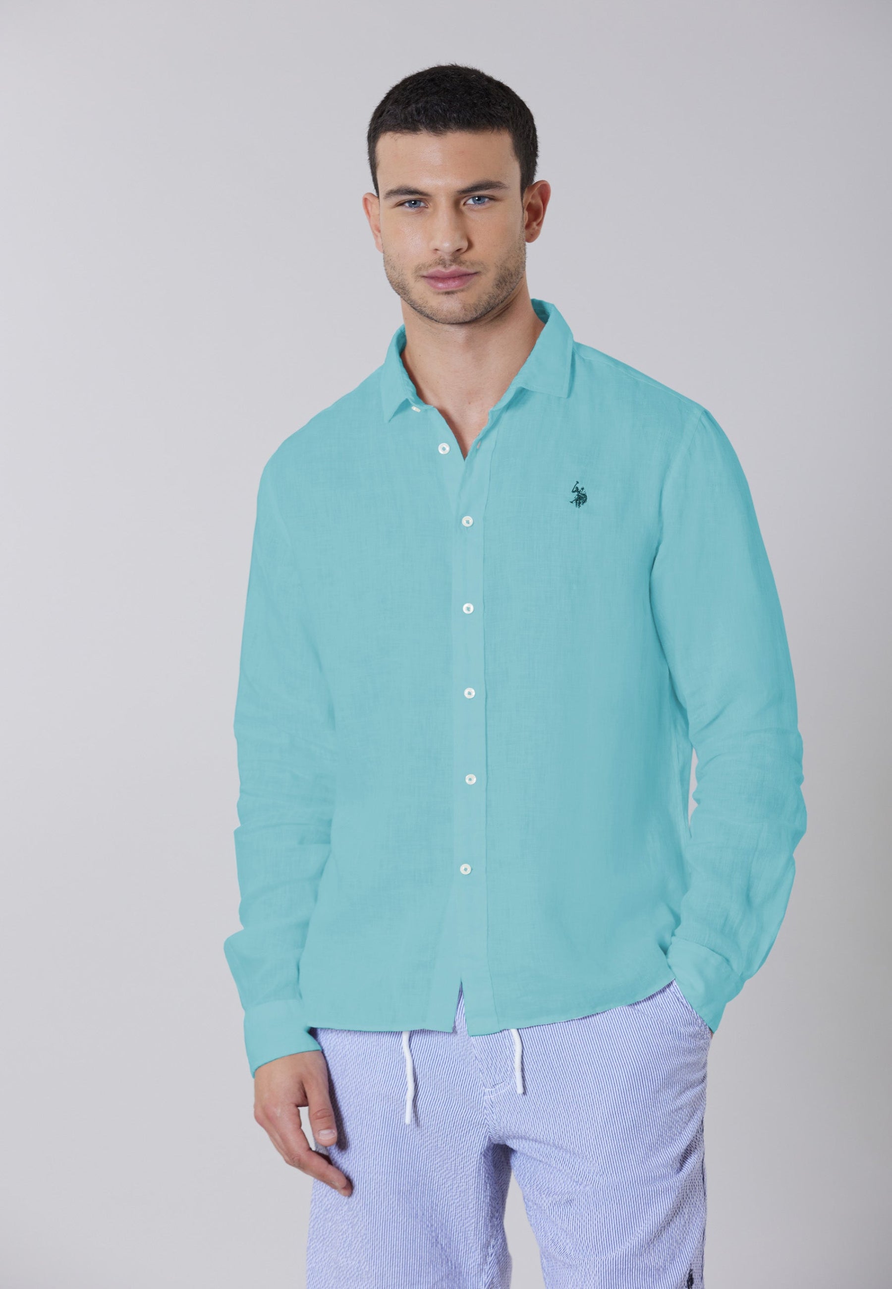 Camicia in lino chambray slim fit con logo