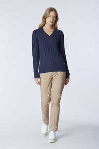 Maglia scollo a V a treccia in cotone e cashmere