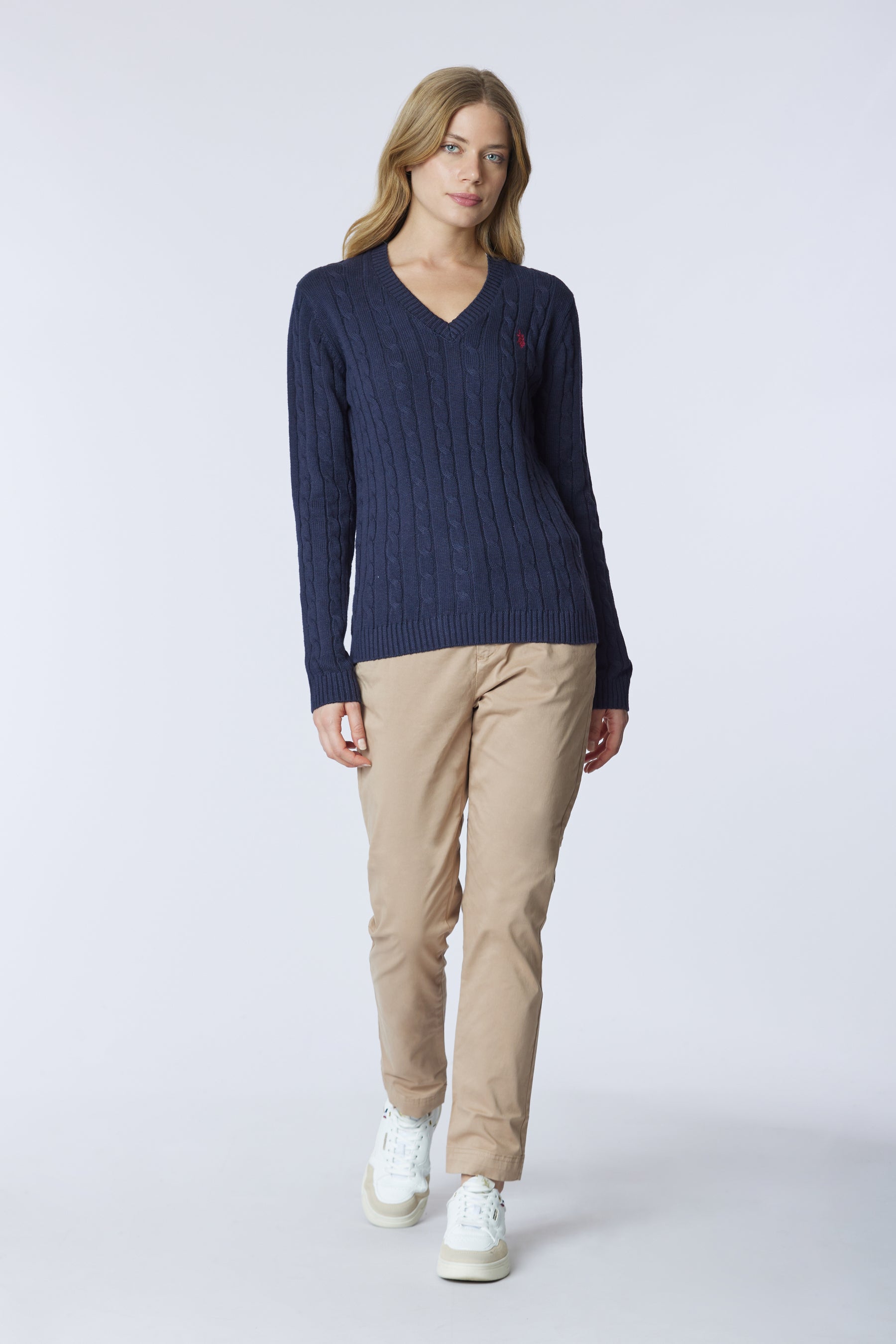 Maglia scollo a V a treccia in cotone e cashmere