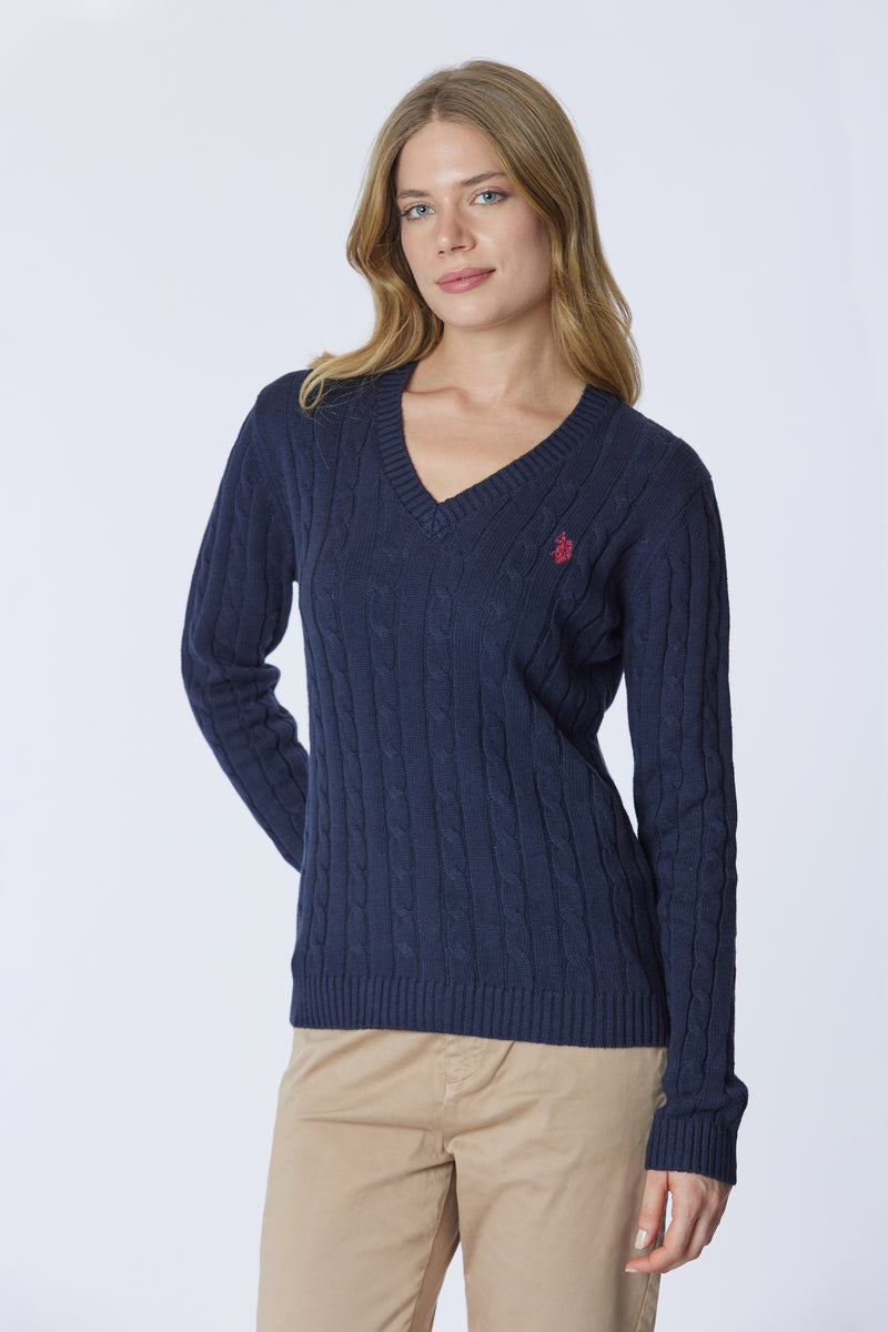 Maglia scollo a V a treccia in cotone e cashmere