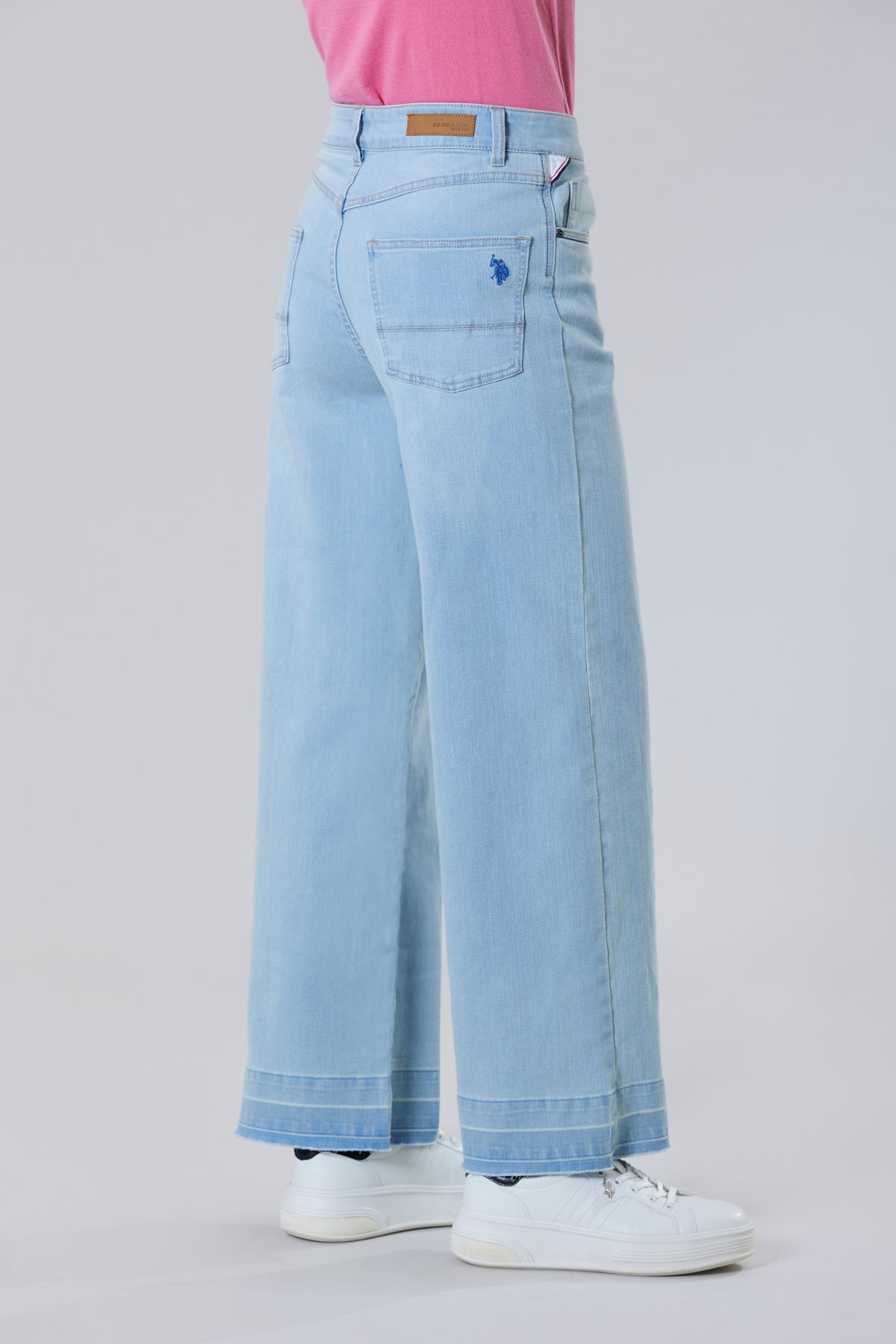 Pantalone denim cinque tasche wide leg in cotone stretch