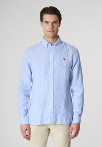 Camicia in lino chambray a righe slim fit con logo