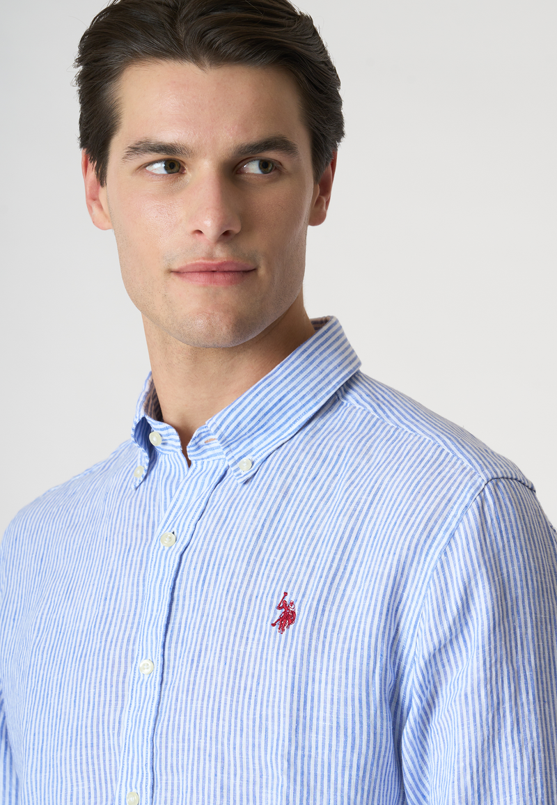 Camicia in lino chambray a righe slim fit con logo